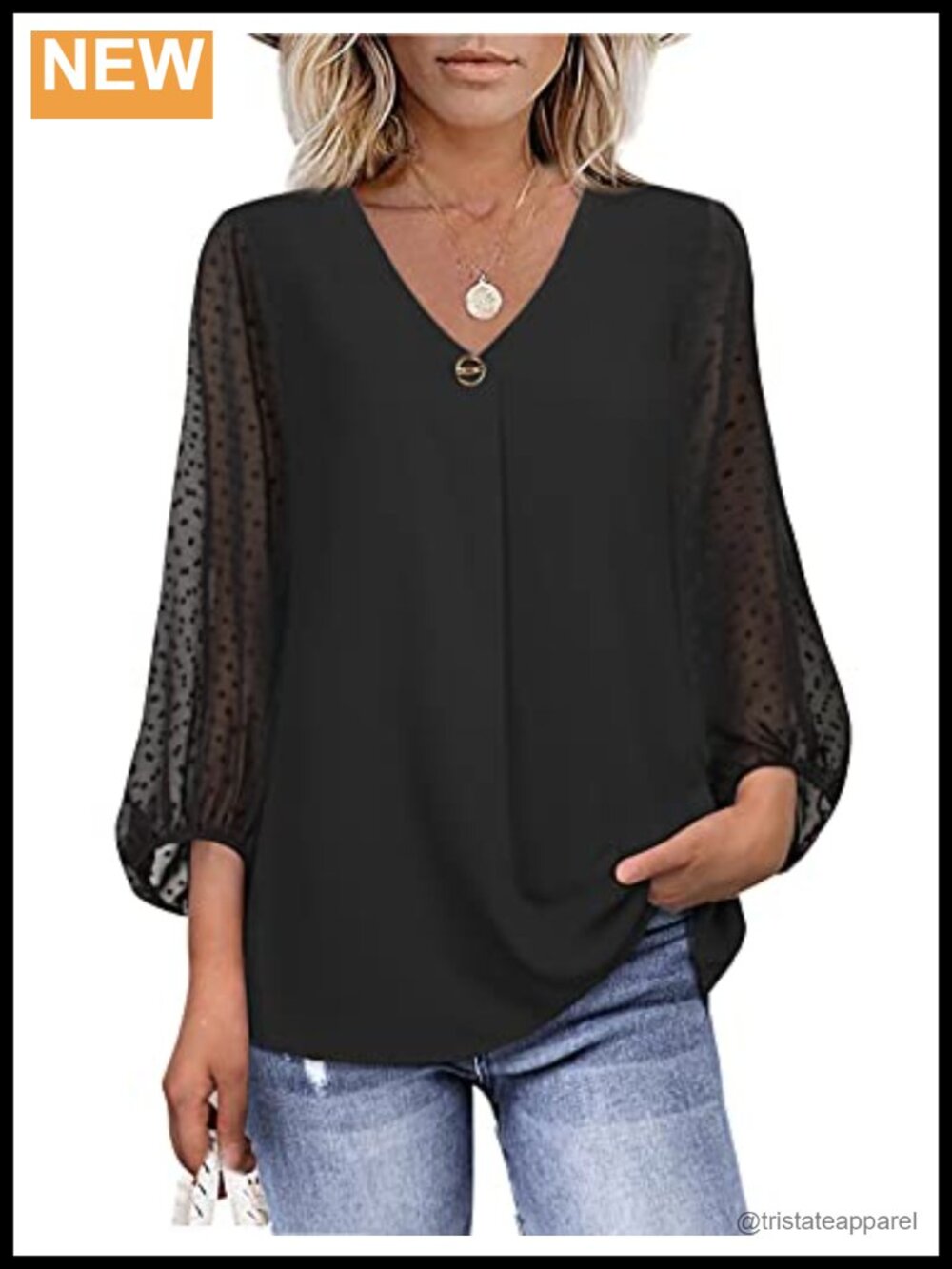 Womens V-Neck 3/4 Sleeve Chiffon Swiss Dot Tunic Blouse